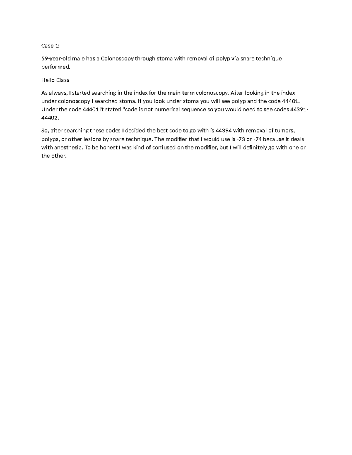 Colonoscopy Coding Case 1 - Code 44394 Analysis and Notes - Studocu