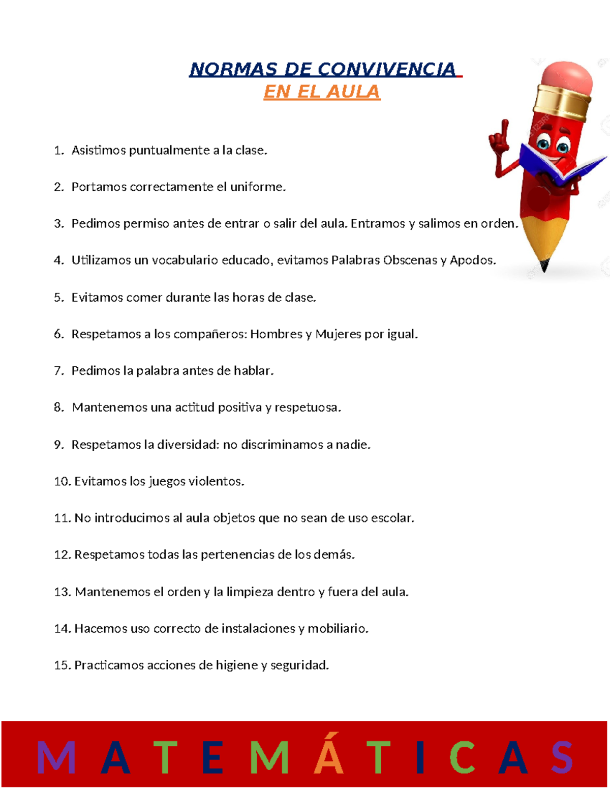 Normas de Convivencia en el Aula de Matemáticas - Guía y Reglas - Studocu