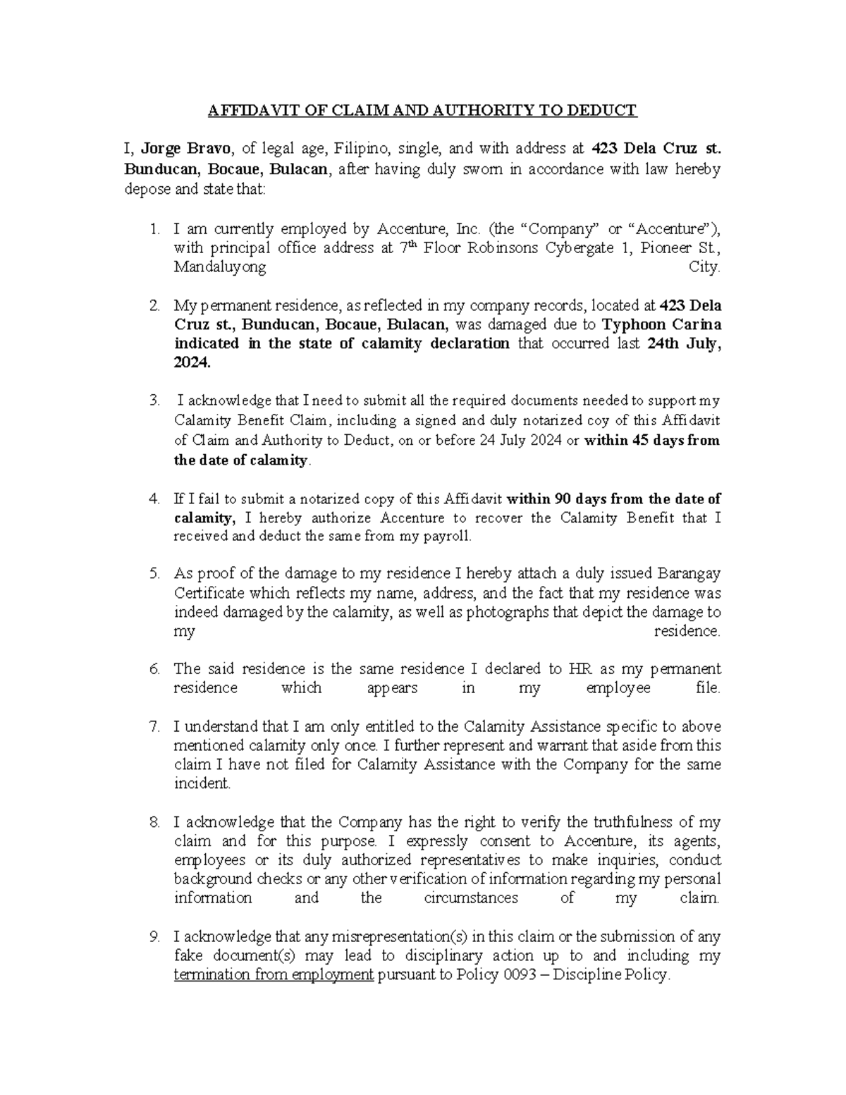 Affidavit of Claim and Authority to Deduct Typhoon Template 1 ...
