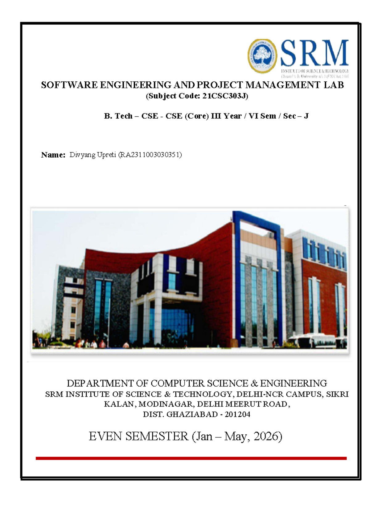SEPM Lab Report (21CSC303J) - B.Tech CSE VI Sem - Studocu