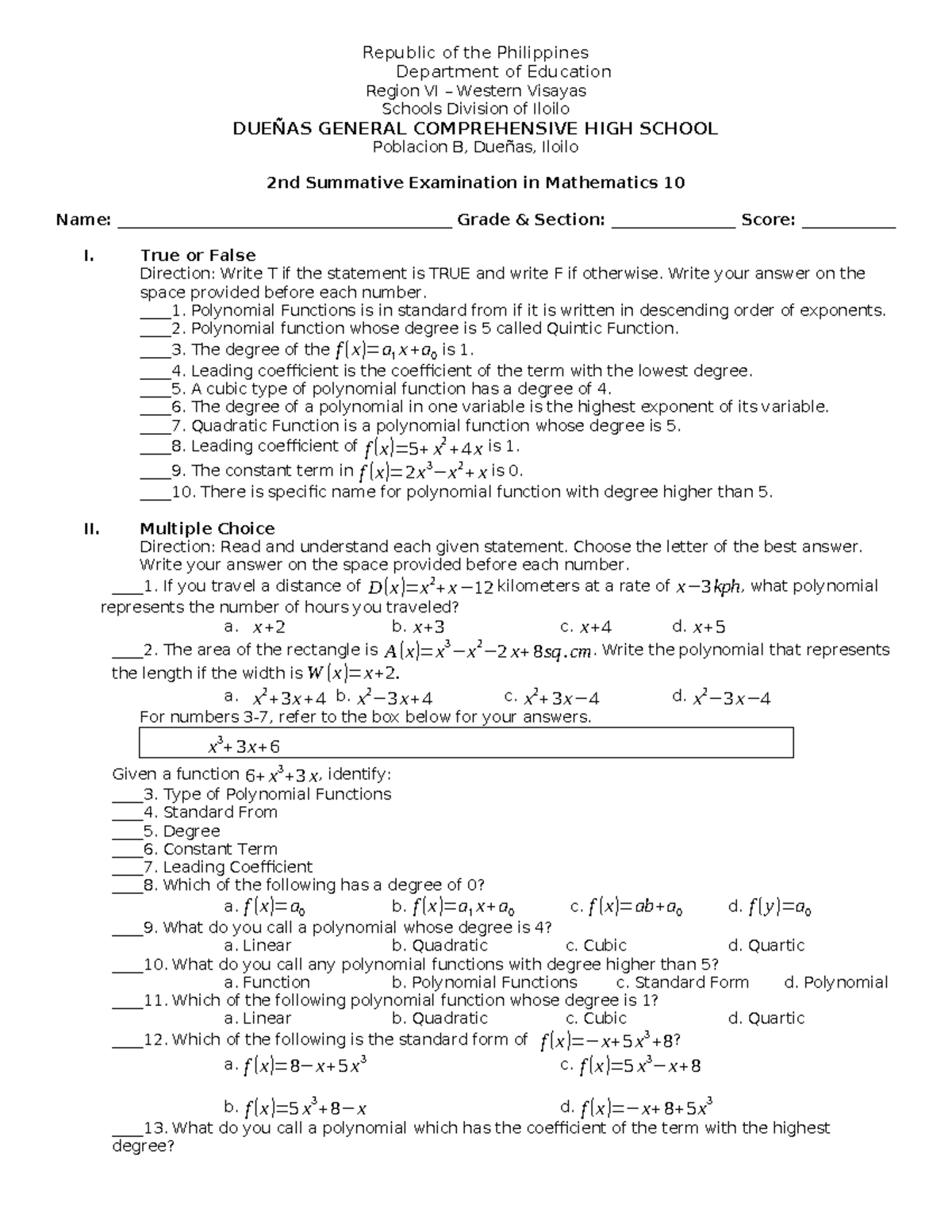 2nd quarter math - for compliance - Republic of the Philippines ...