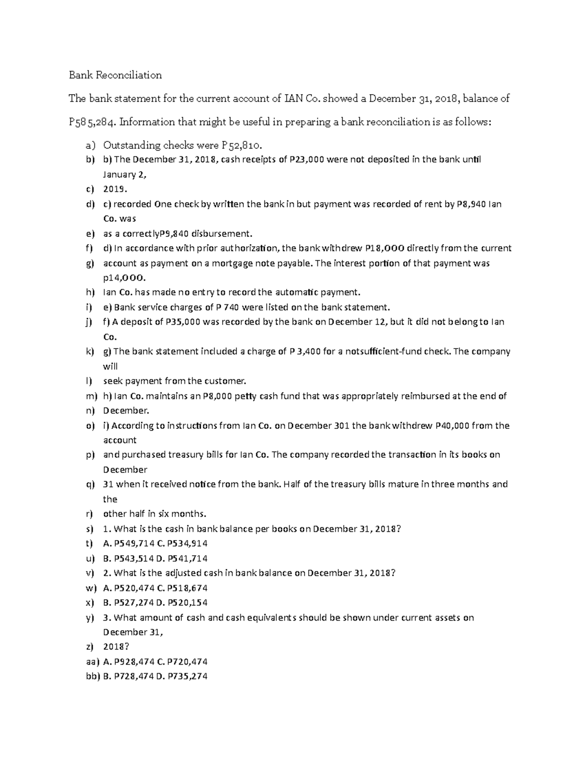5 - Bank Reconciliation Problem Set with Solutions - ACCT 101 - Studocu