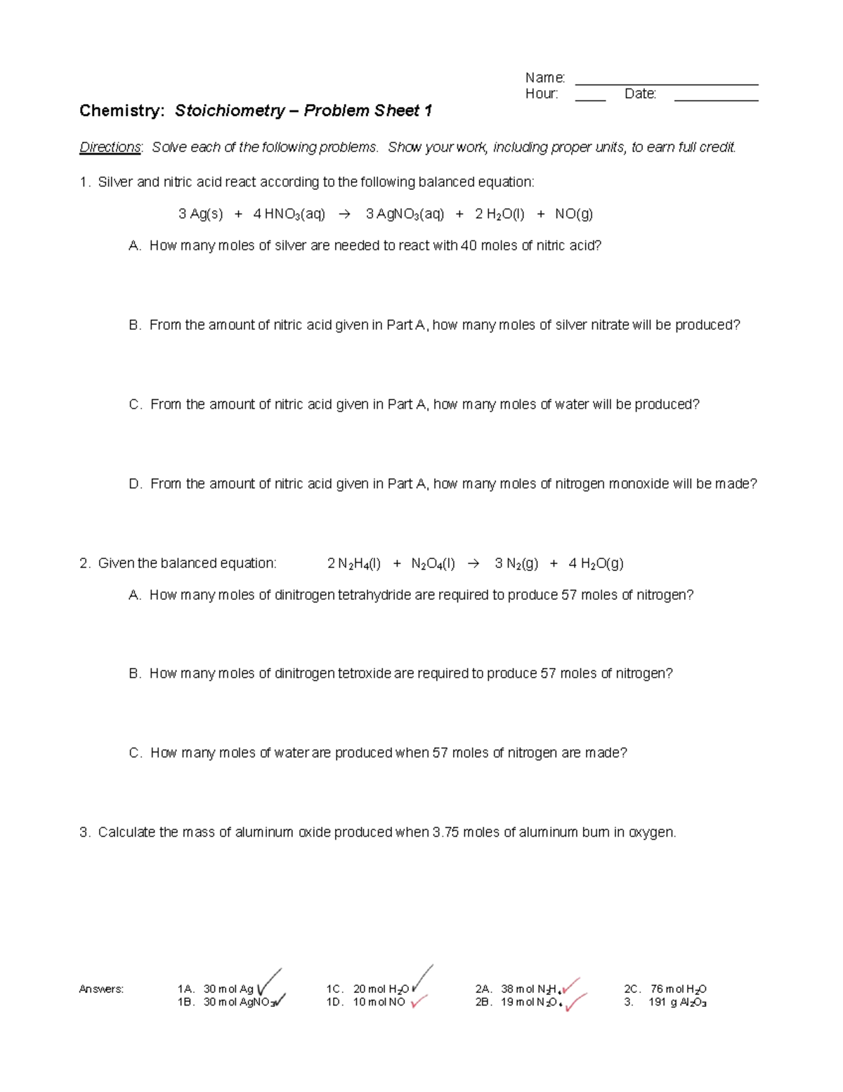 Stoichiometry Problem Sheet 1: Chemistry Practice (CHEM101) - Studocu
