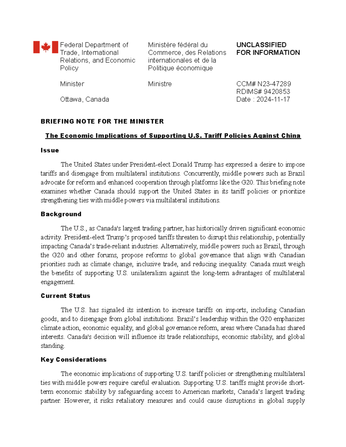 BN3 - Sample briefing note. RECOMMENDATION Briefing Note - Federal ...