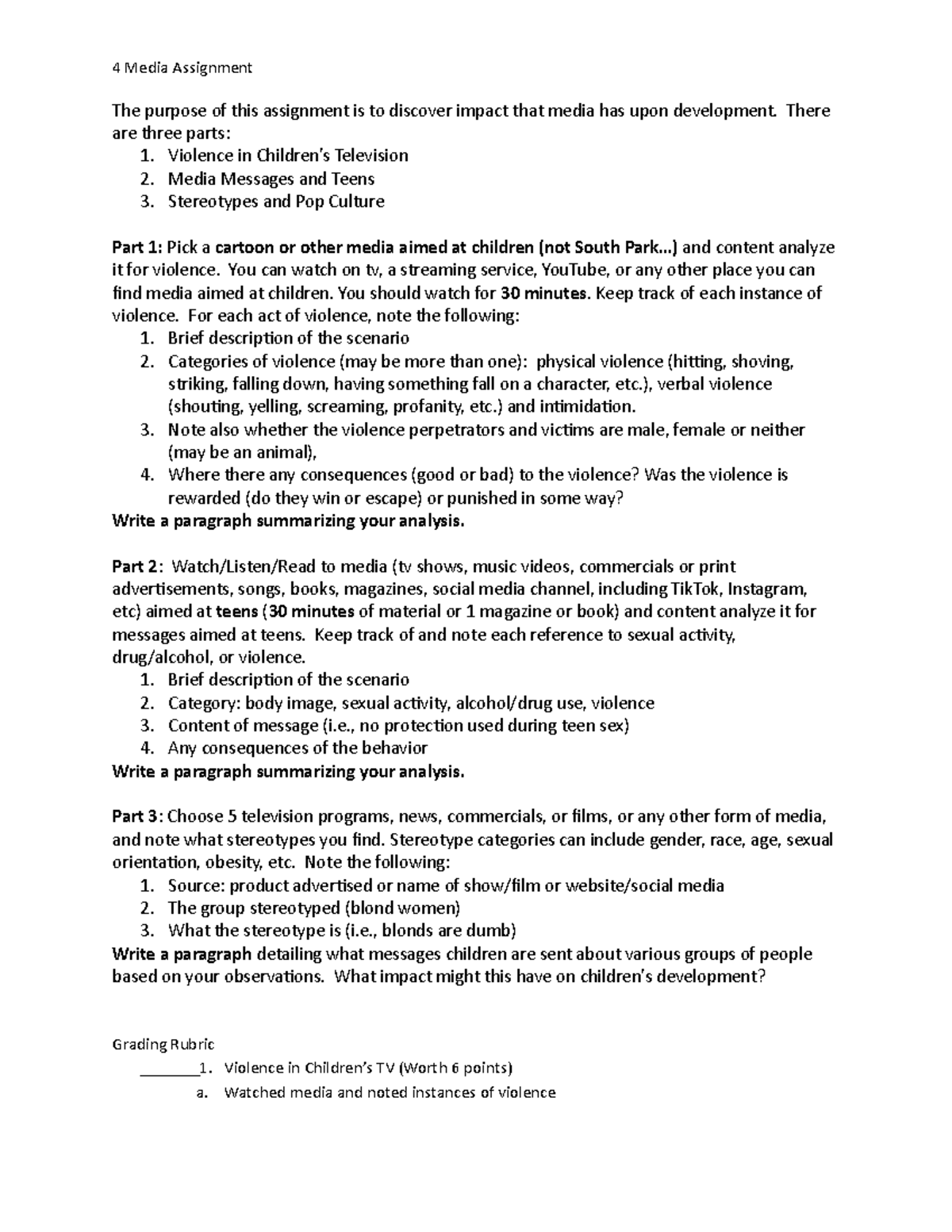 4 Media Assignment - Analyzing Violence, Messages & Stereotypes - Studocu