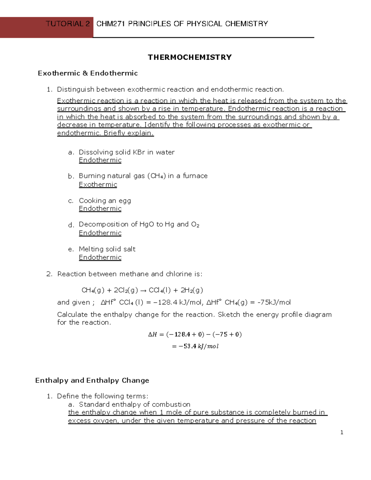 CHM271 Tutorial 2 - THERMOCHEMISTRY Exothermic & Endothermic ...