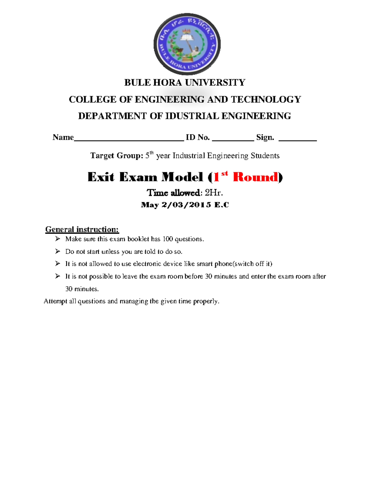 Industrial Engineering Exit Exam Model - Bule Hora University - Studocu