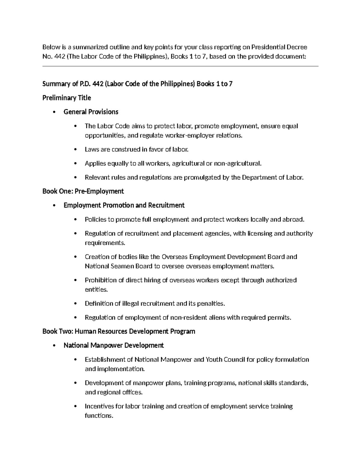 Summary of Presidential Decree No. 442 (Labor Code of the Philippines ...