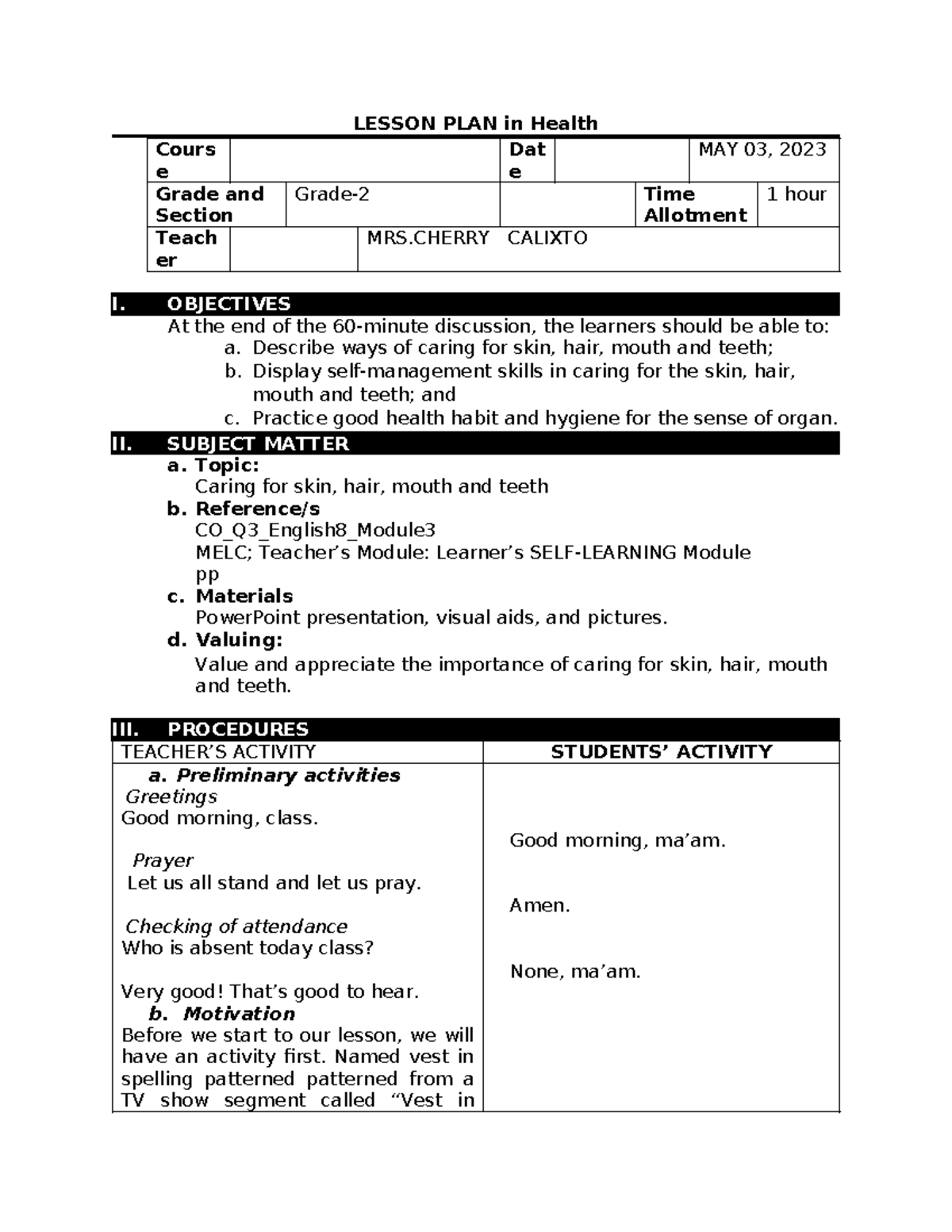 Lesson PLAN in health 055910 - LESSON PLAN in Health Cours e Dat e MAY ...