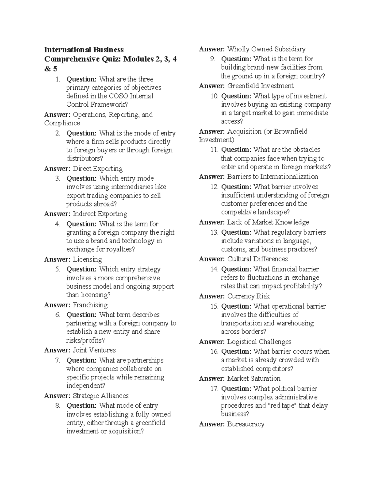 INTB 101 Comprehensive Quiz: Key Concepts from Modules 2-4 - Studocu