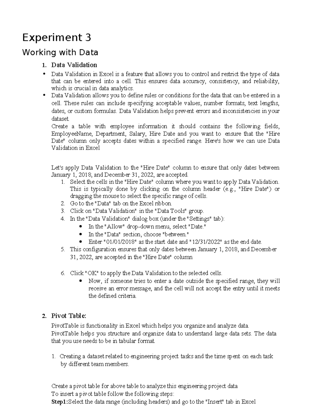 Expt 3 - Data Validation & Pivot Table in Excel Guide - Studocu
