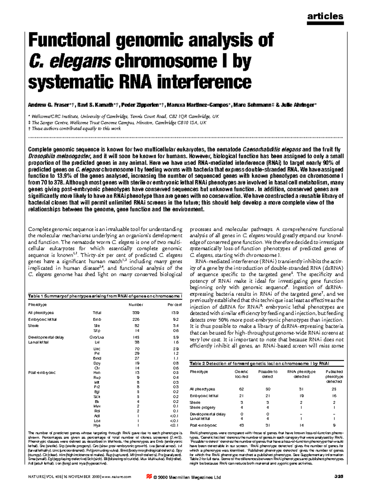 Functional Genomic Analysis of C. elegans Chromosome I: RNAi Insights ...