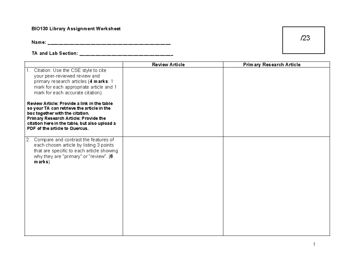 BIO130 Library Assignment Worksheet 2024 - BIO130 Library Assignment ...