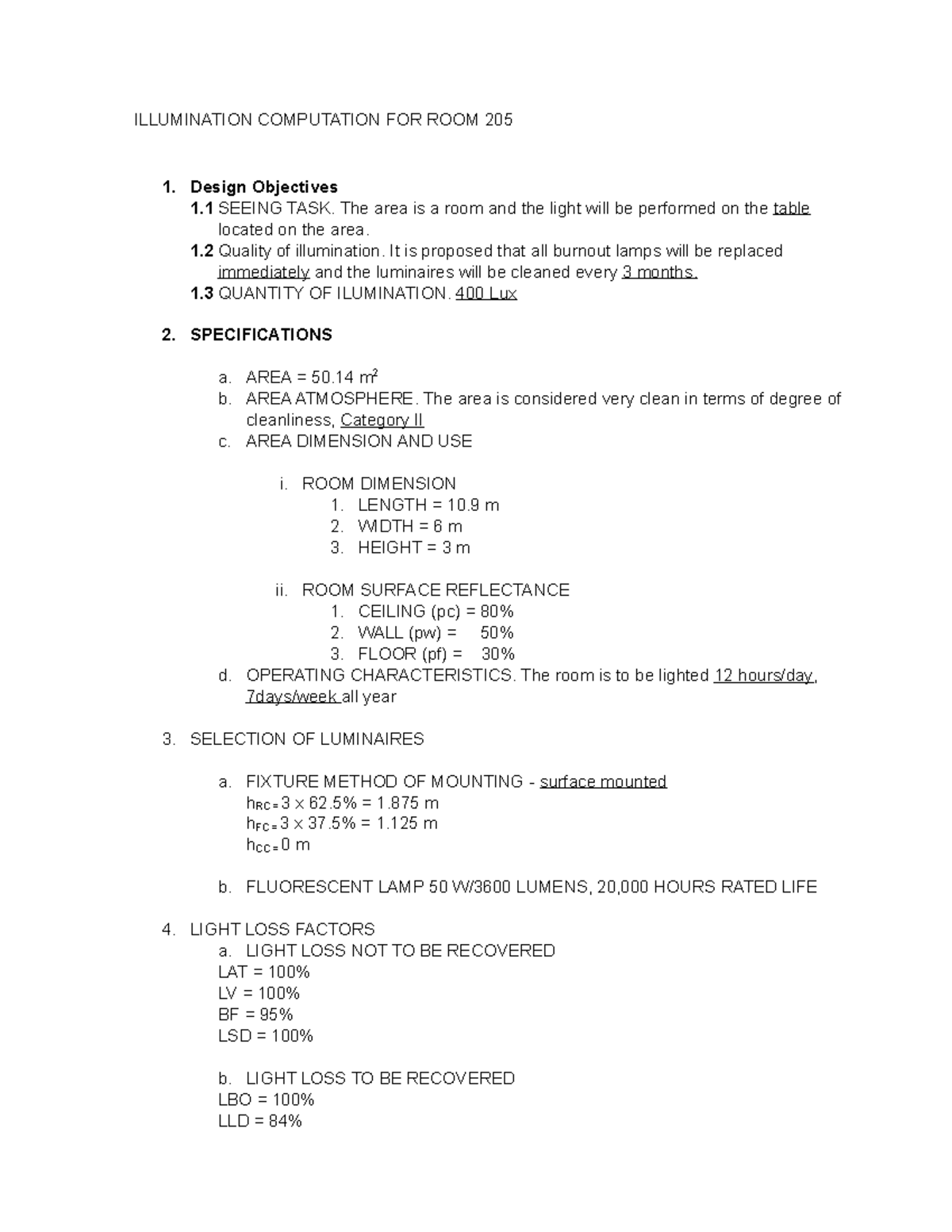 Illumination- Computation - ILLUMINATION COMPUTATION FOR ROOM 205 ...