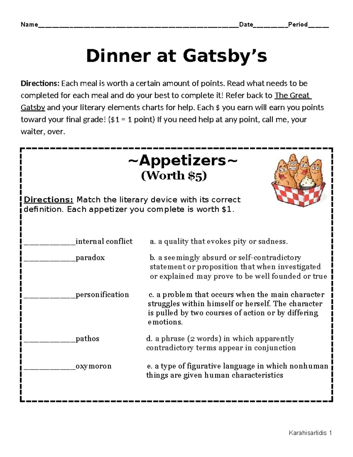 Gatsby Chapter 4 Menu Activity: Literary Devices & Points - Studocu