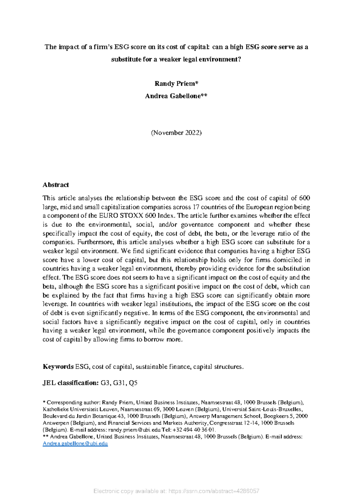 The Impact of ESG Scores on Cost of Capital: Evidence from EURO STOXX ...