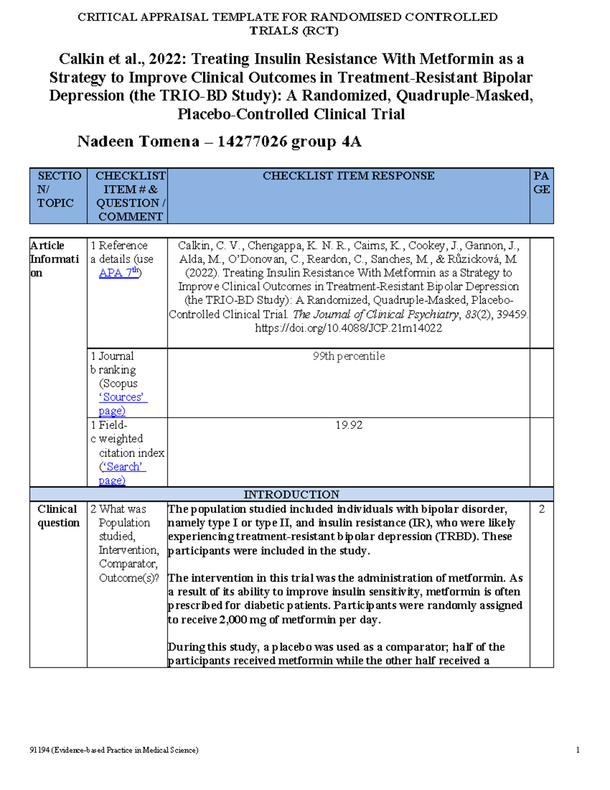 RCT Critical Appraisal Template: Metformin in Bipolar Depression - Studocu
