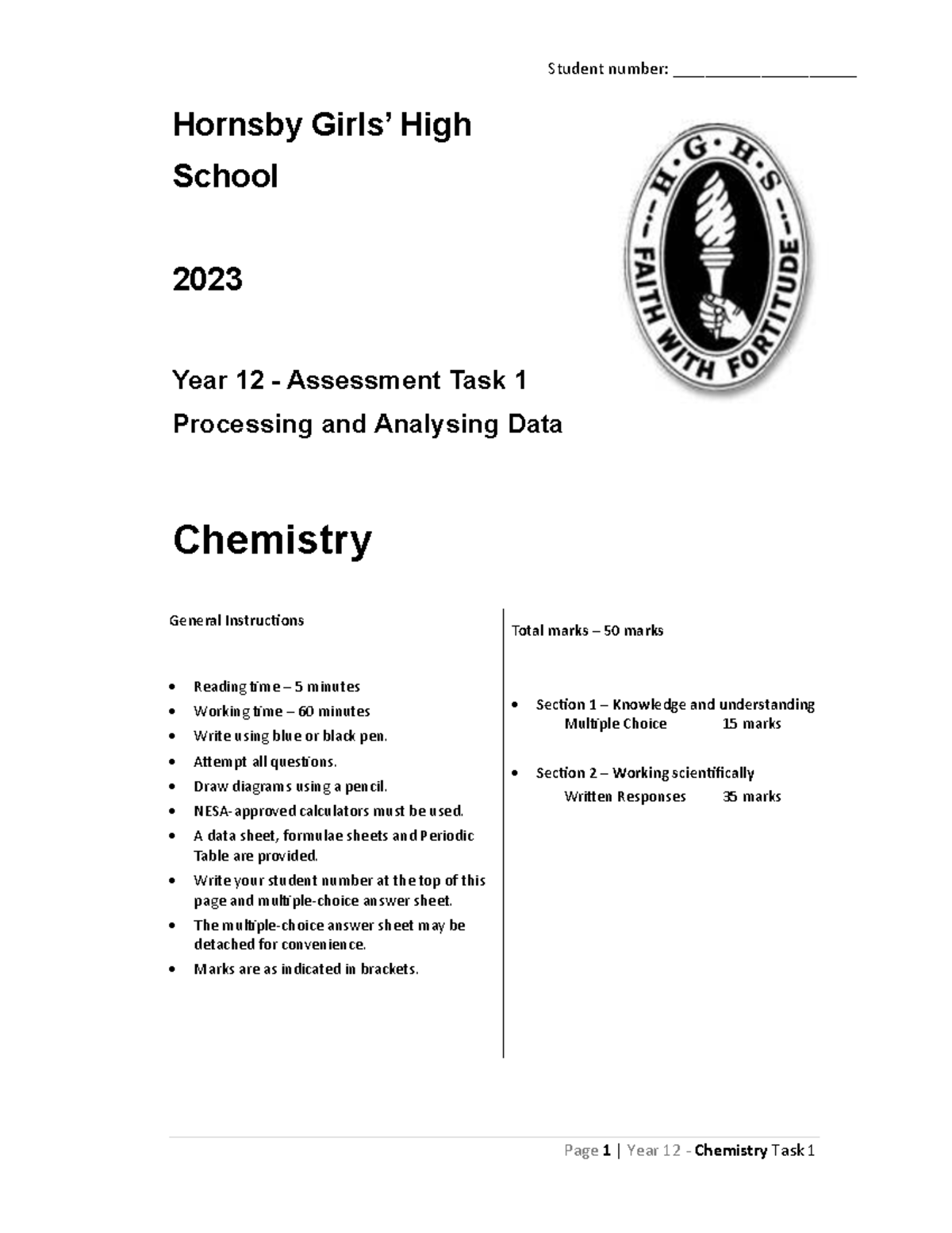Hornsby Girls 2023 Year 12 Chemistry Assessment Task 1 - Studocu