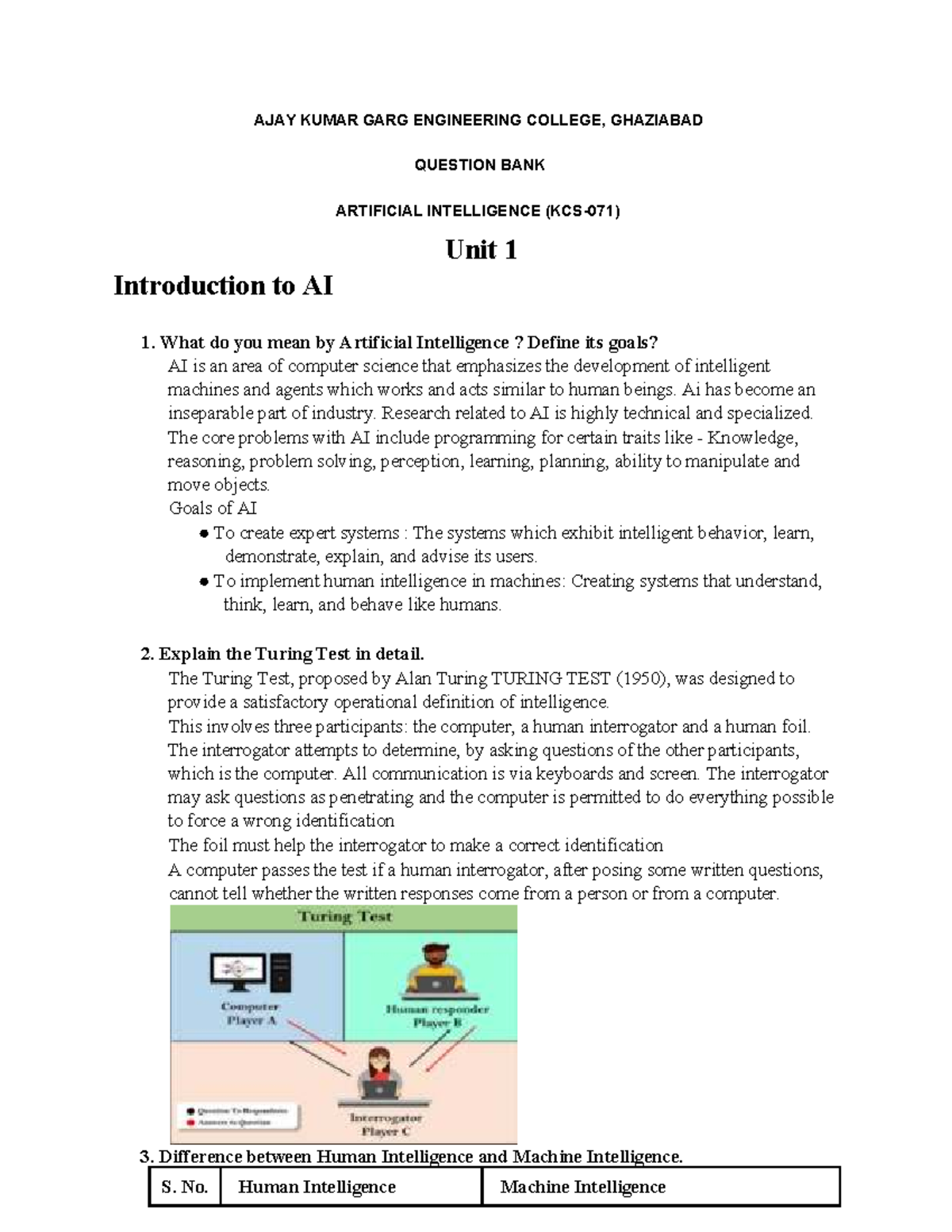 AI question bank KCS-071: Introduction to artificial intelligence - Studocu