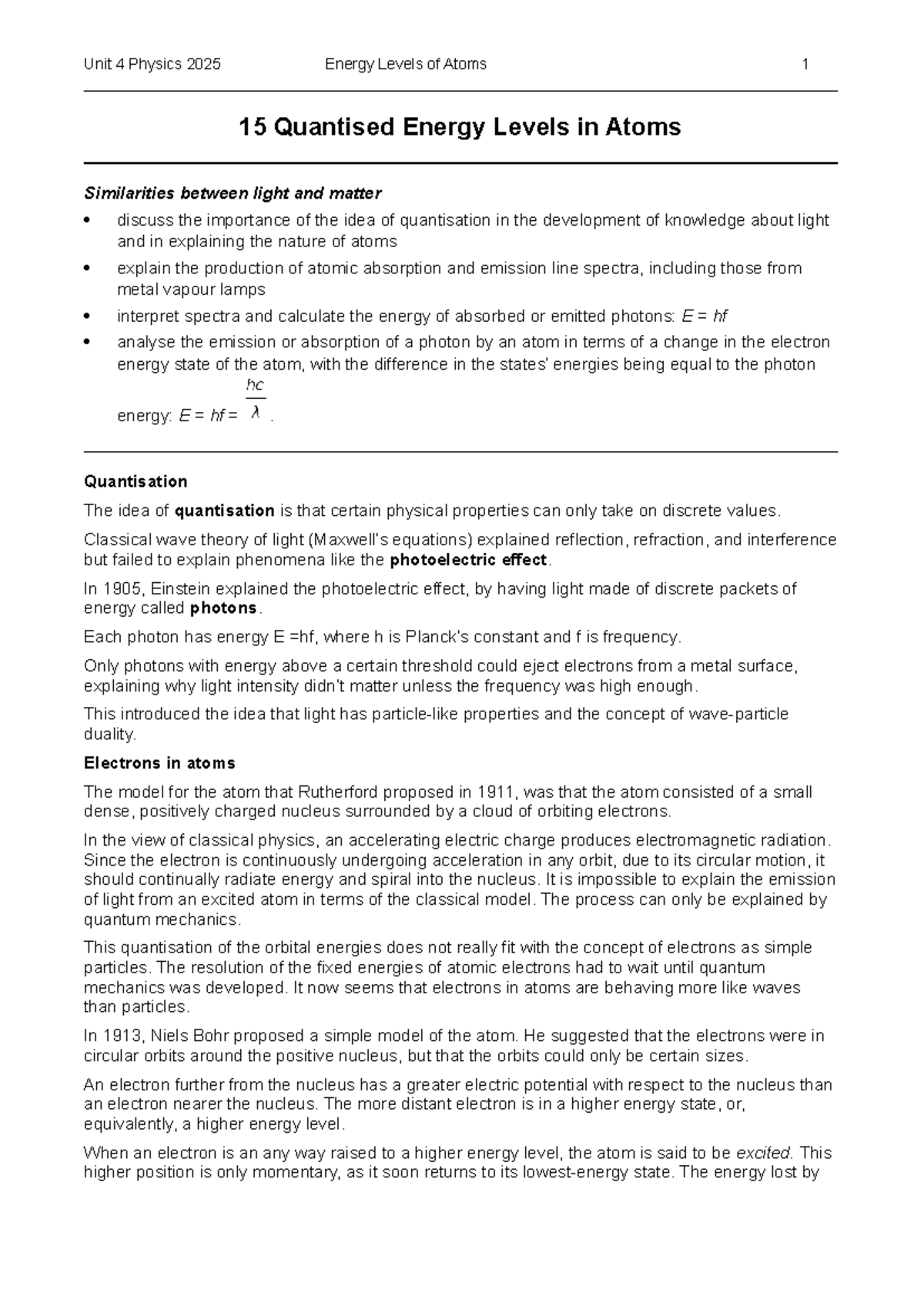 Unit 4 Physics 2025: Energy Levels of Atoms - Detailed Notes - Studocu