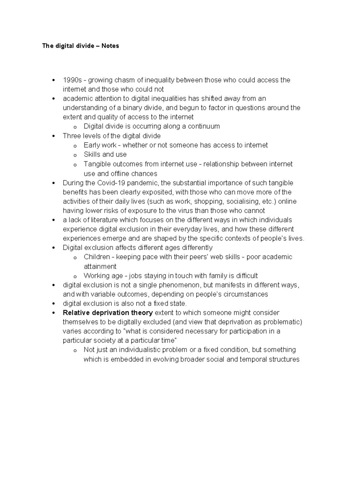 Class notes - The digital divide – Notes 1990s - growing chasm of ...