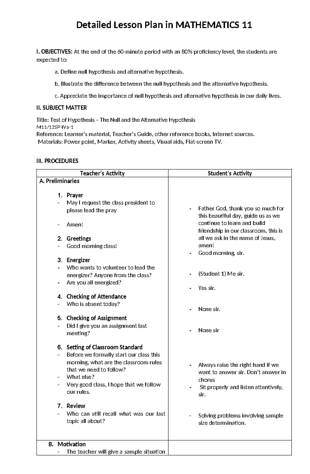 Mathematics 11 - Final Demo Lesson Plan on Hypothesis Testing - Studocu
