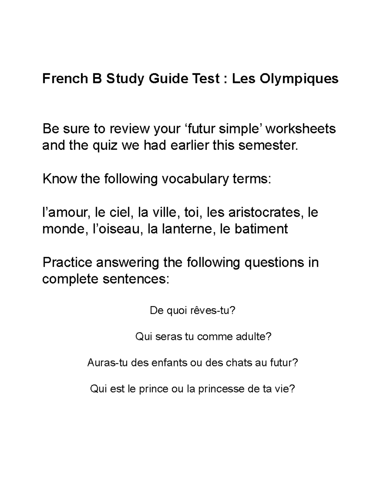 French B Study Guide: Test on Les Olympiques and Futur Simple - French ...