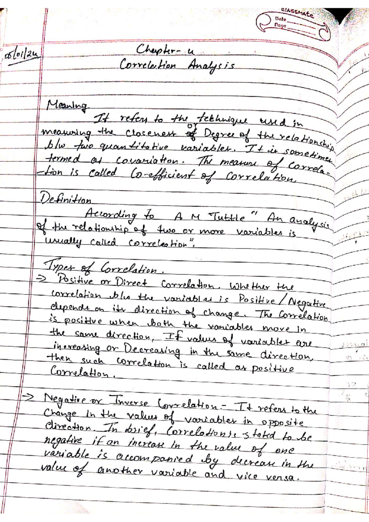 Business Statistics Chapter 4 - CLASSMATE Date Page 0 u Correlation ...