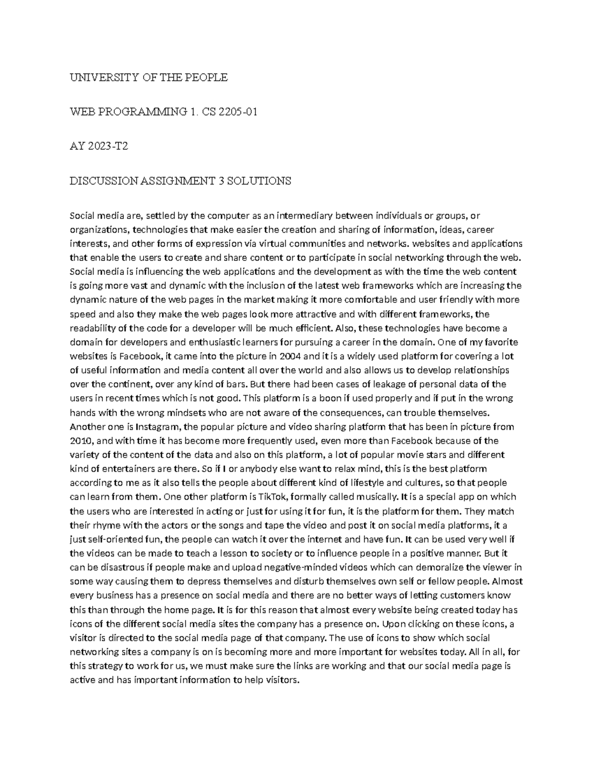 Discussion Assignment 3 - UNIVERSITY OF THE PEOPLE WEB PROGRAMMING 1 ...