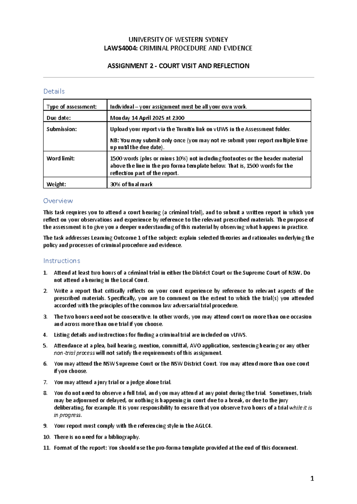 Laws4004 Court Report Instructions - 1 UNIVERSITY OF WESTERN SYDNEY ...