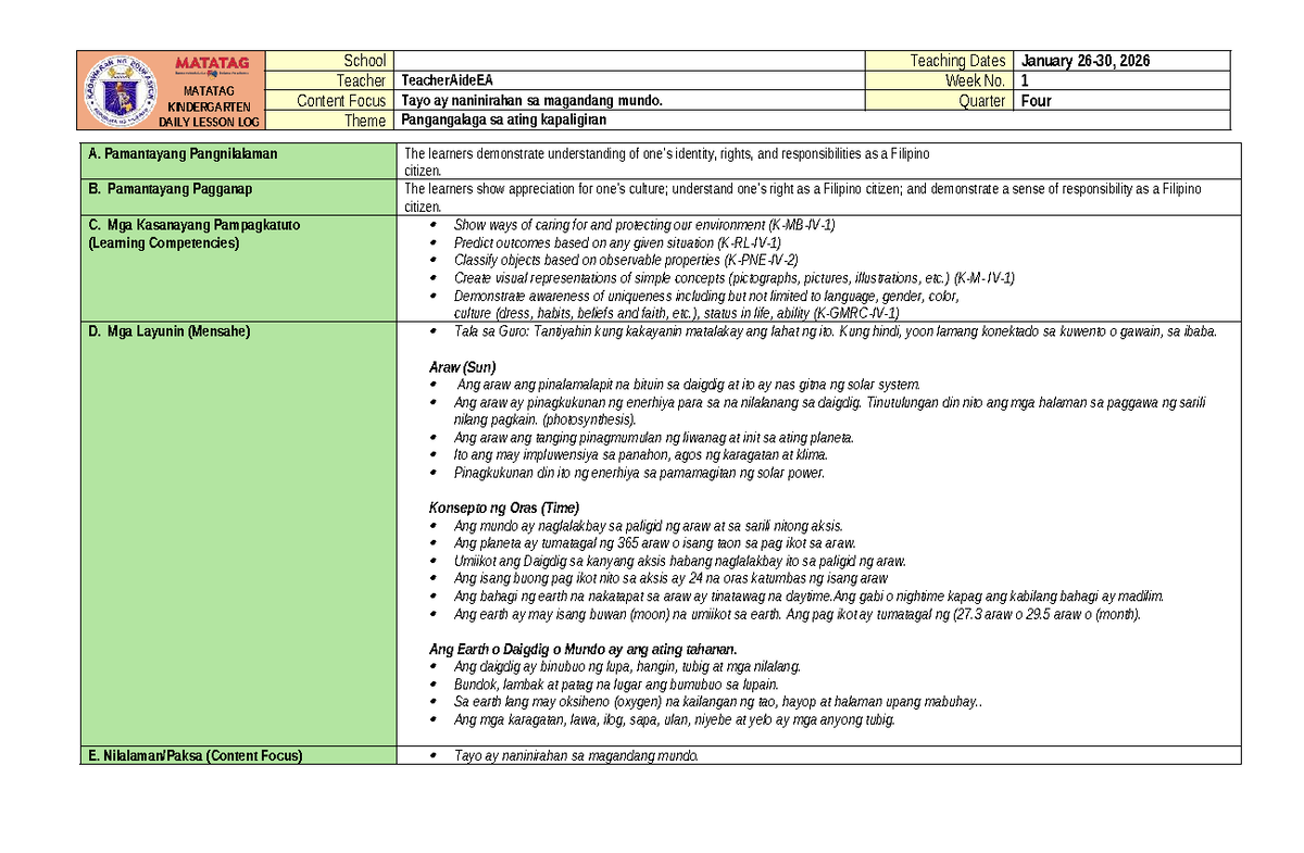 Kinder DLL MATATAG Curriculum: Quarter 4, Week 1 Lesson Plan - Studocu
