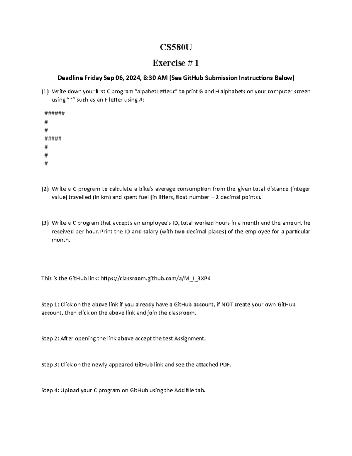 Ex1 - Exercise Assignment 1 material - CS580U Exercise # 1 Deadline ...