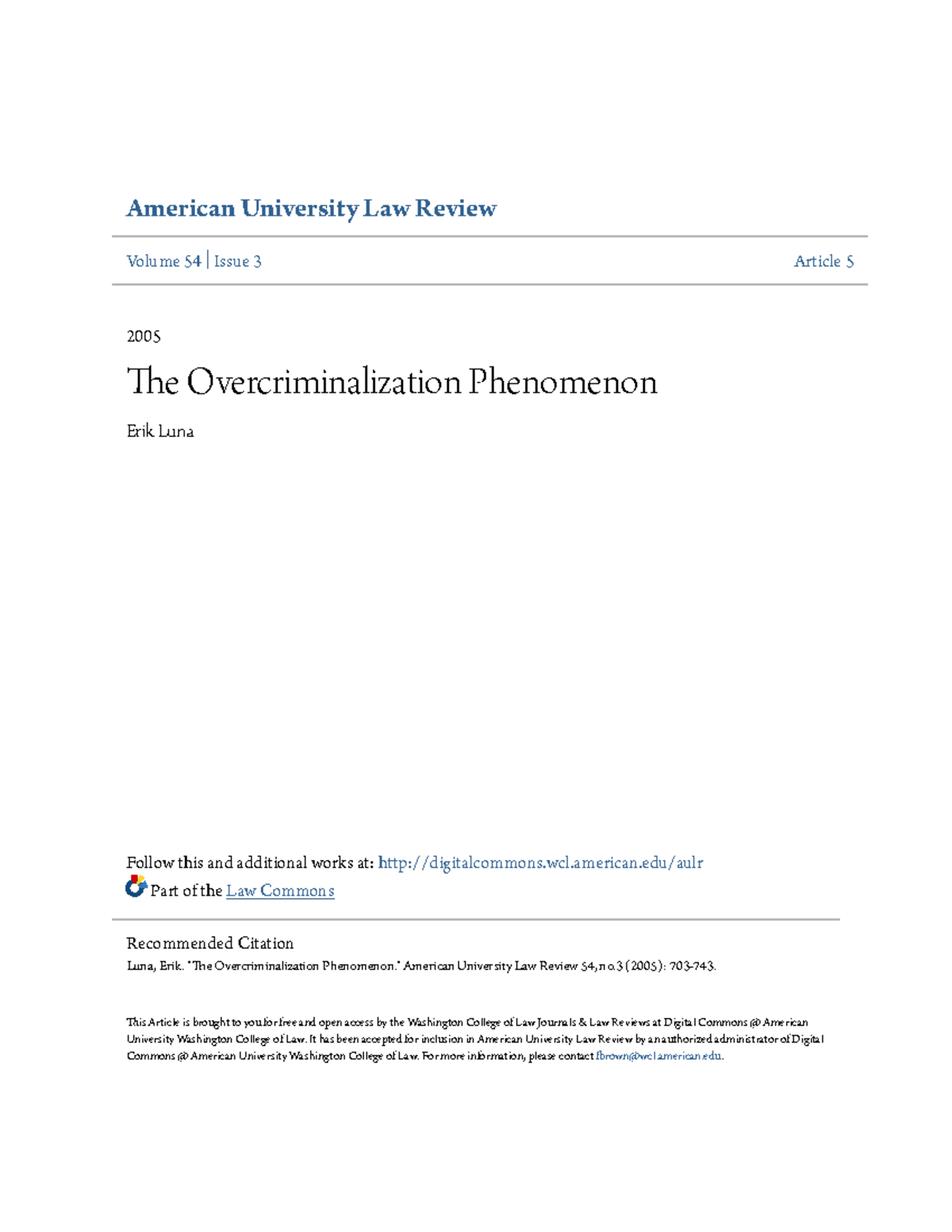 Overcriminalization Phenomenon Analysis: Insights & Solutions (AULR 54. ...