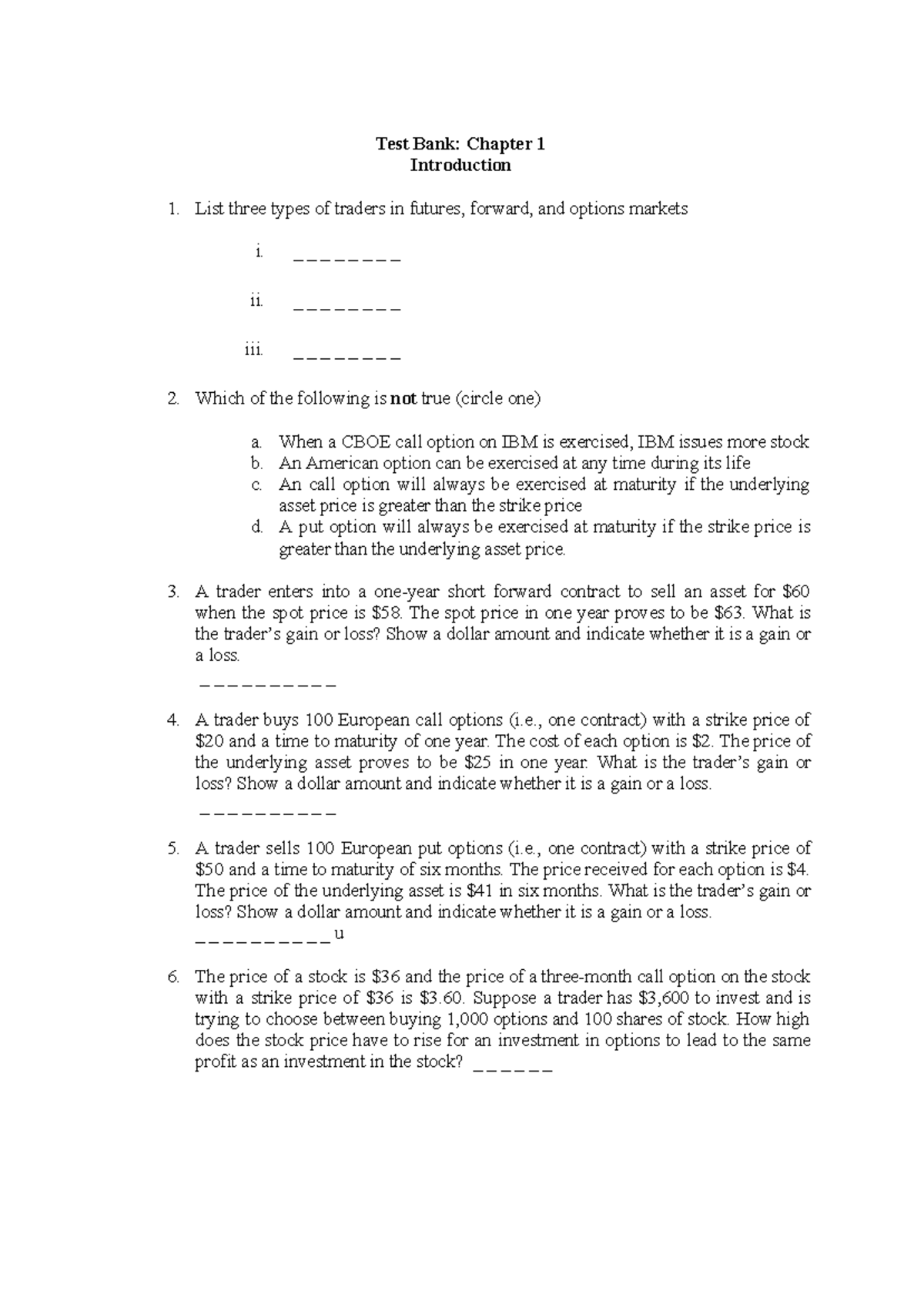 Test Bank: Finance Concepts & Strategies for Options and Futures - Studocu