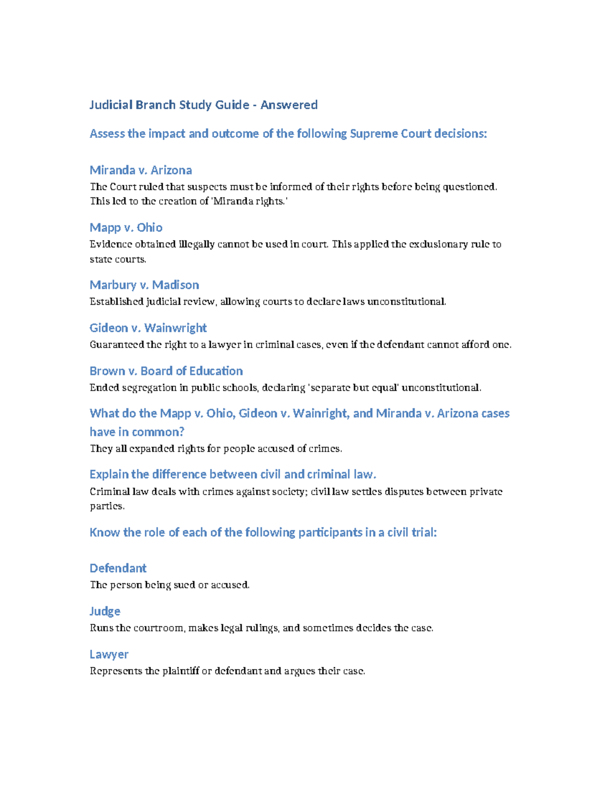 Judicial Branch Study Guide: Key Supreme Court Cases & Concepts - Studocu
