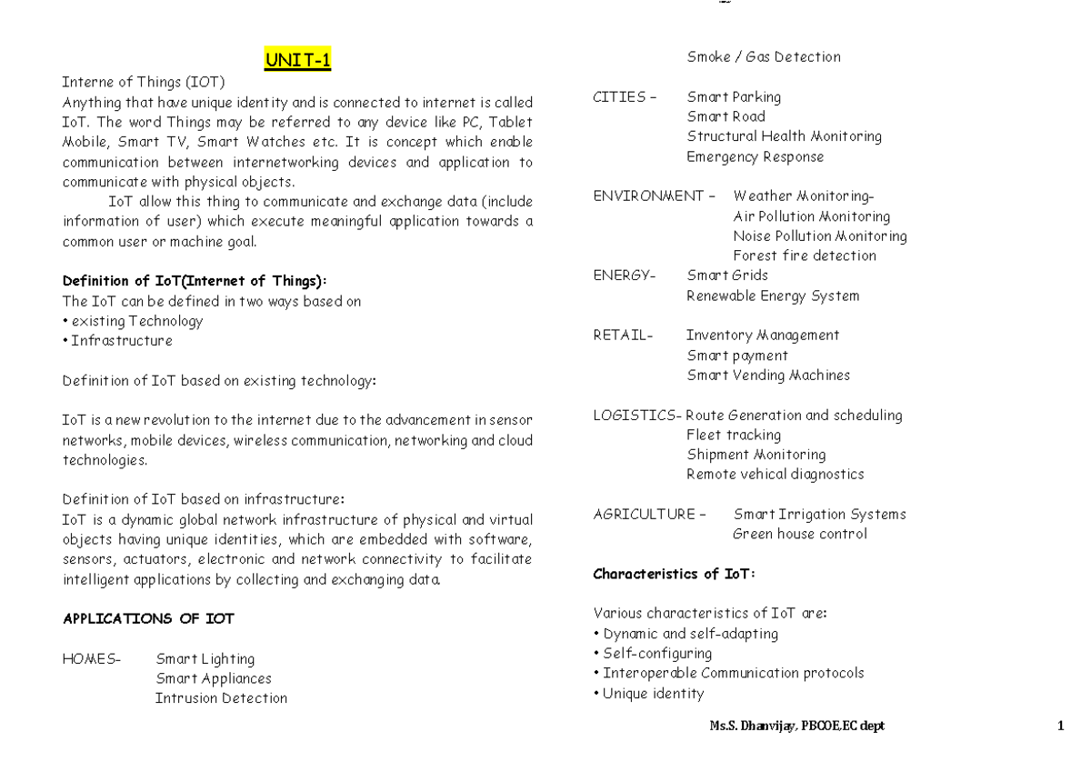 IOT UNIT 1 Notes - Understanding IoT Features & Applications - Studocu