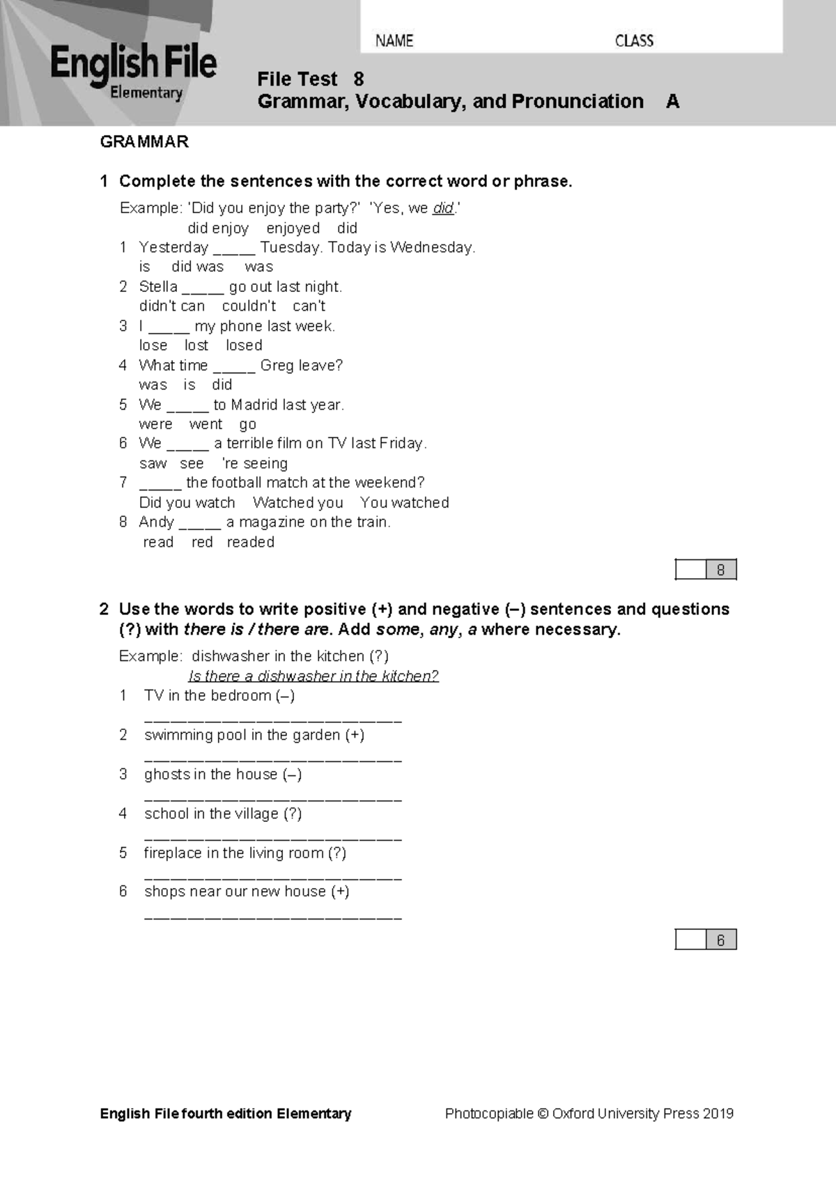 EF4e Elementary File Test 08A: Grammar, Vocabulary & Pronunciation ...