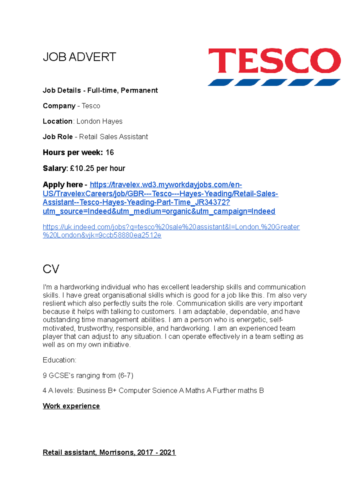 Salman Saeed - Unit 8 Retail Sales Assistant Job Application Analysis ...