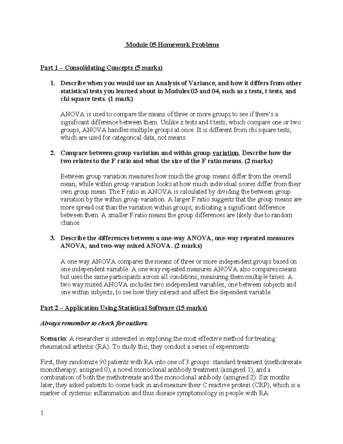 Module 05 Homework Problems: ANOVA & Statistical Analysis Summary - Studocu
