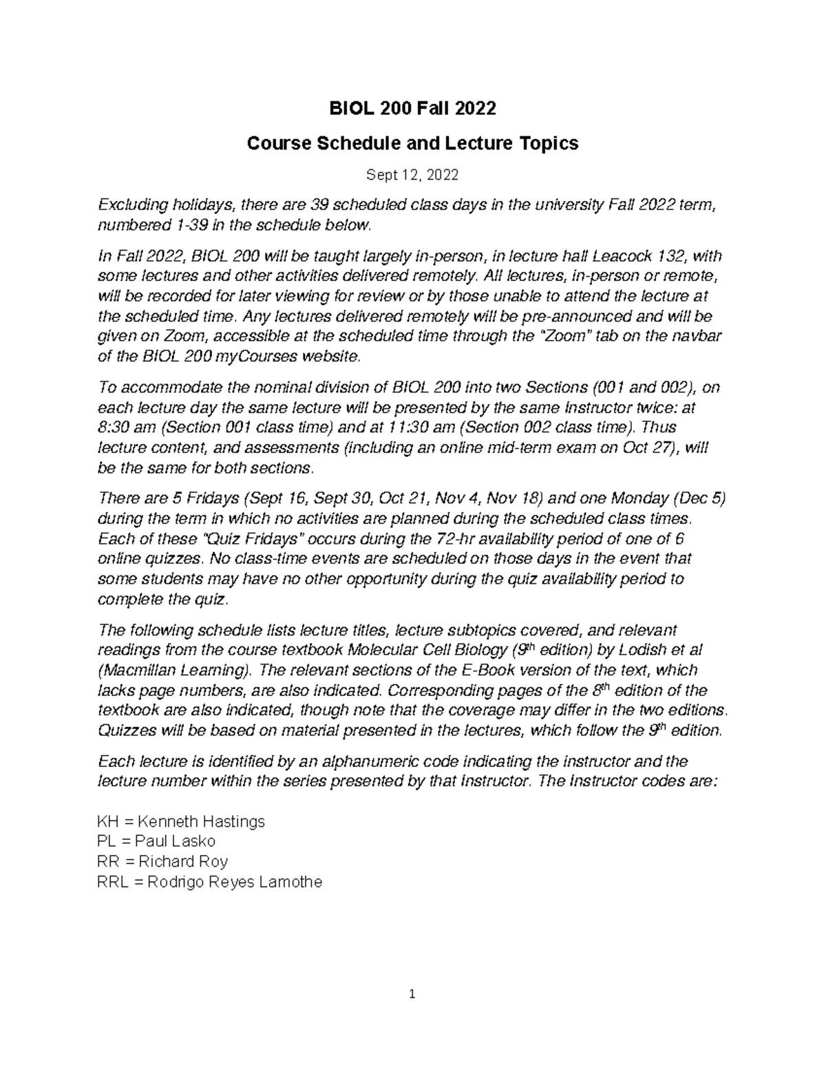 BIOL 200 Fall 2022 Comprehensive Lecture Topics Overview - Studocu