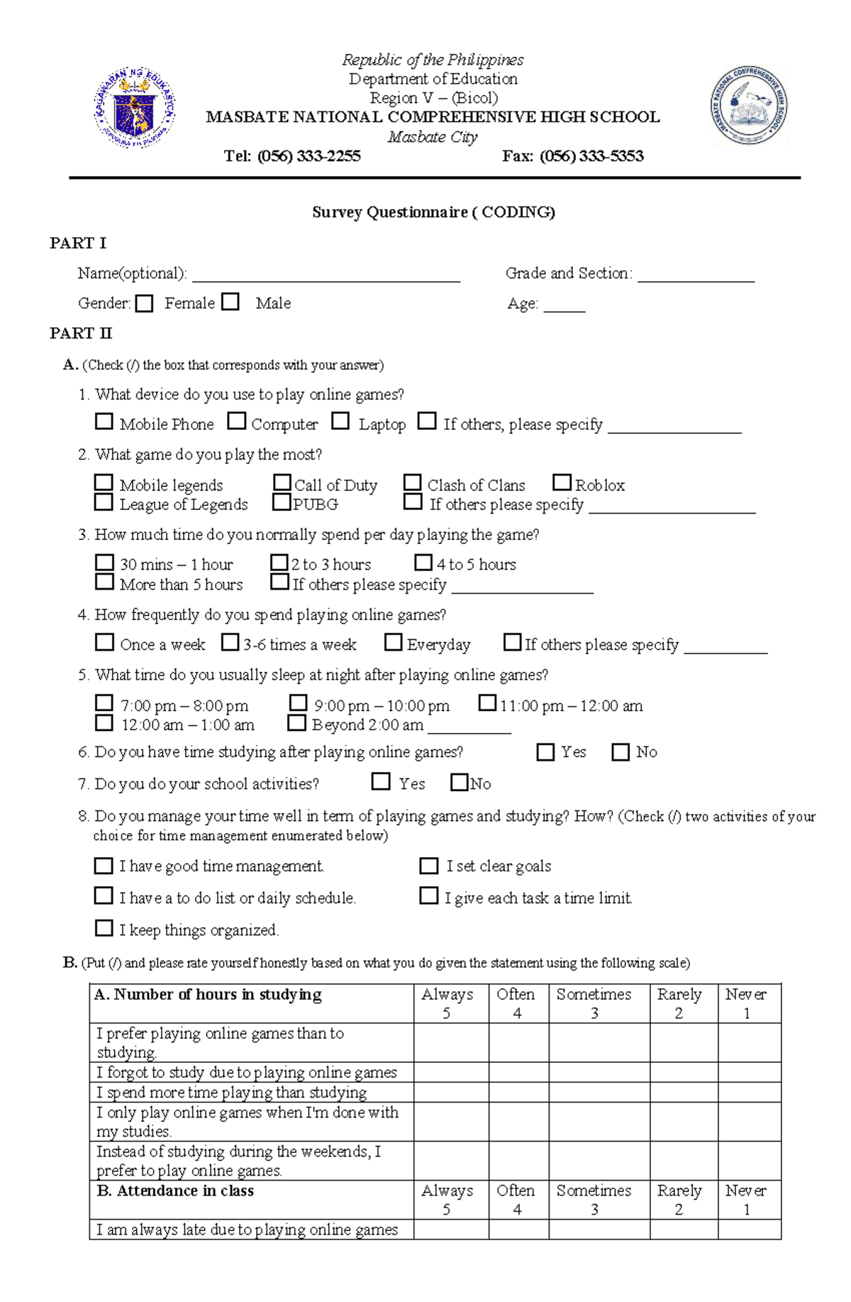 Survey - Republic of the Philippines Department of Education Region V ...