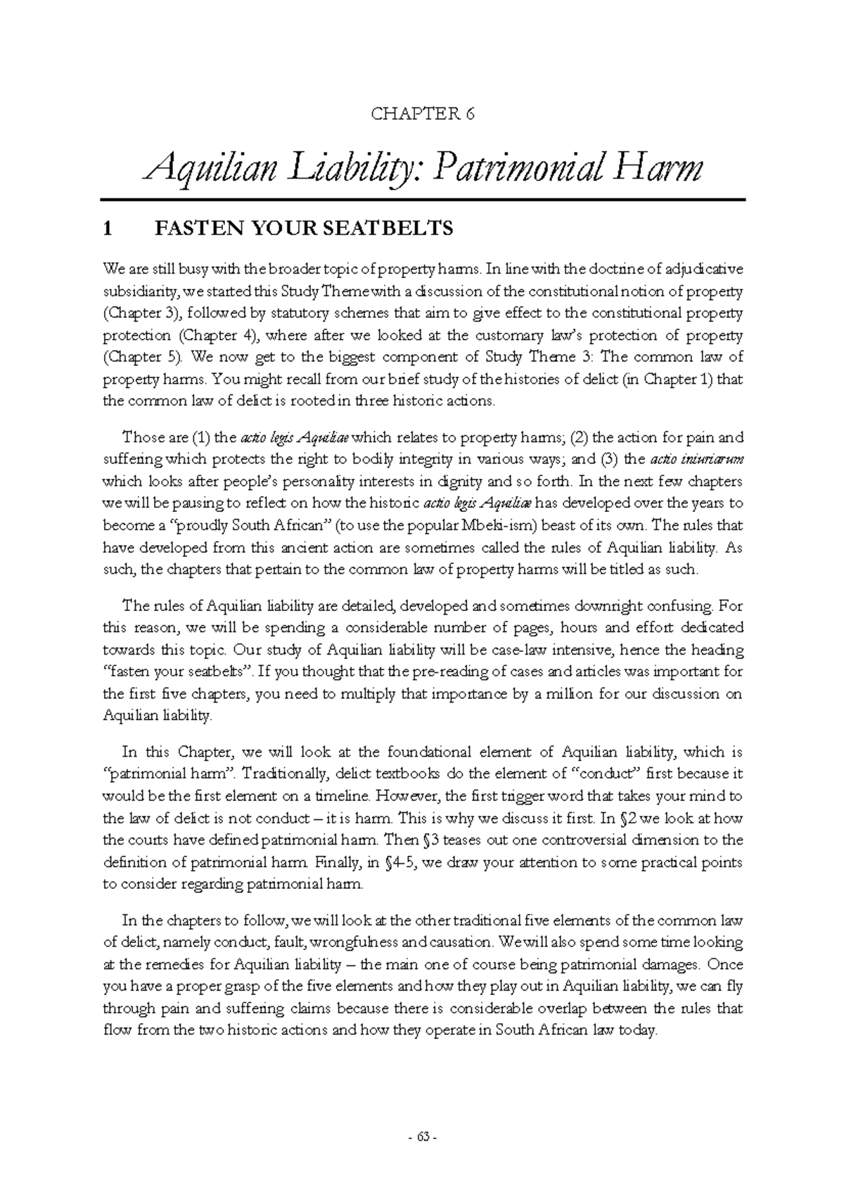 Chapter 6 - delict - CHAPTER 6 Aquilian Liability: Patrimonial Harm 1 ...