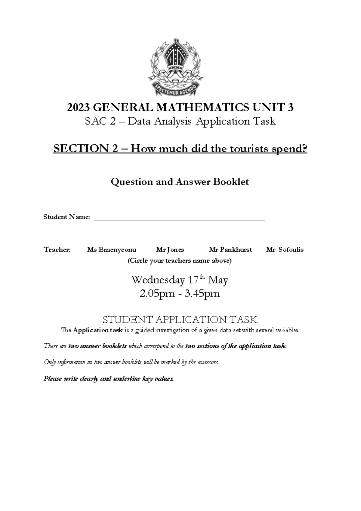 2023 GENERAL MATHS UNIT 3 SAC 2 Data Analysis: Tourist Spending ...