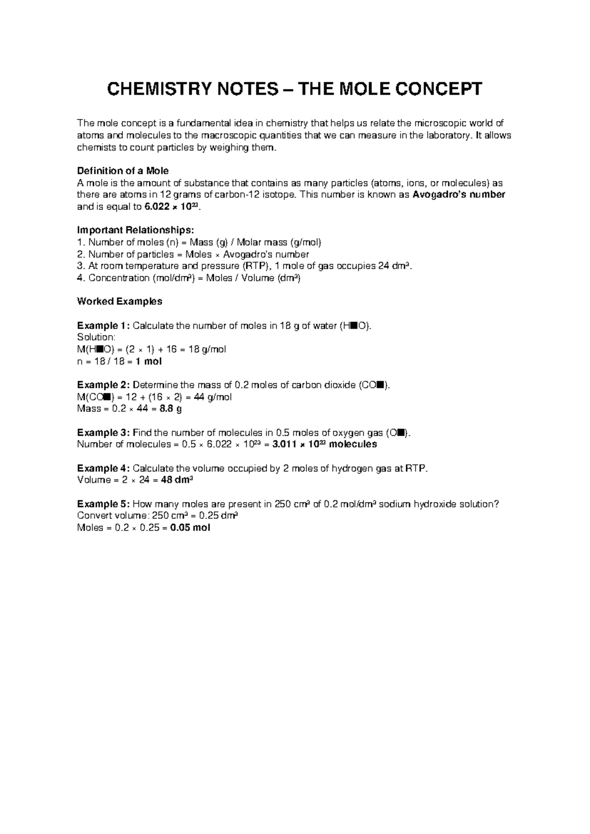 CHEM 101: Mole Concept Notes and Key Relationships - Studocu