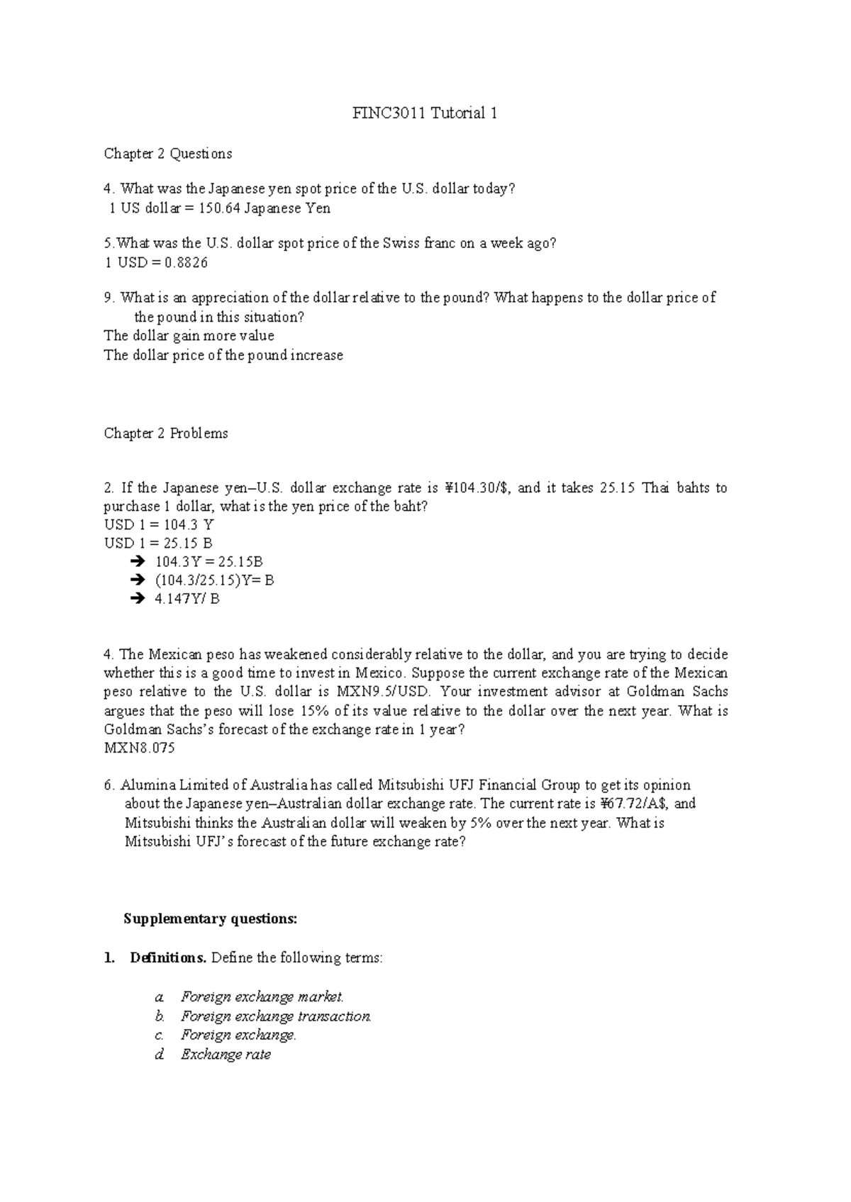 FINC3011 Tutorial 1: Exchange Rate Questions & Problems - Studocu