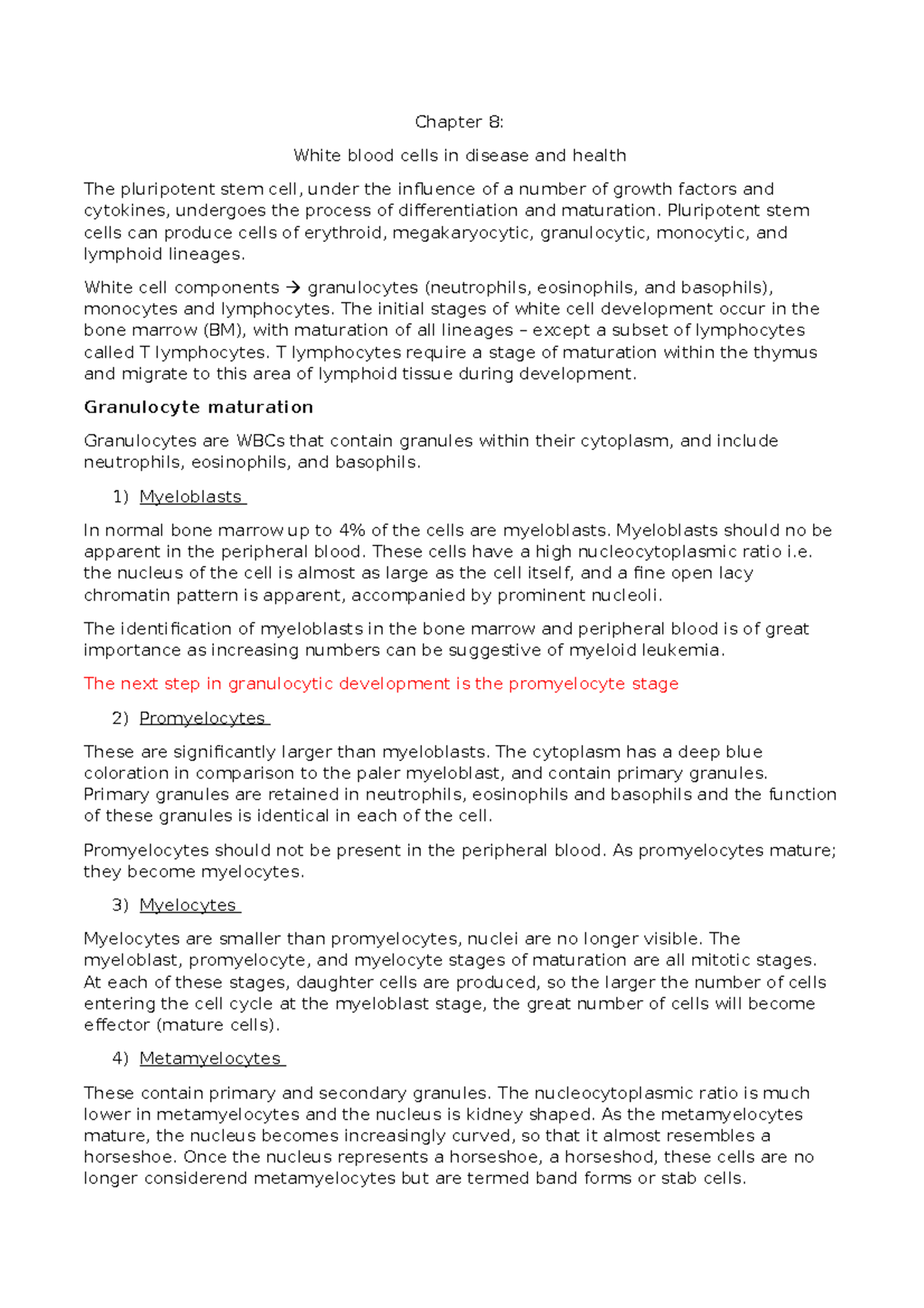 Chapter 8 WBCs - Lecture notes - Chapter 8: White blood cells in ...