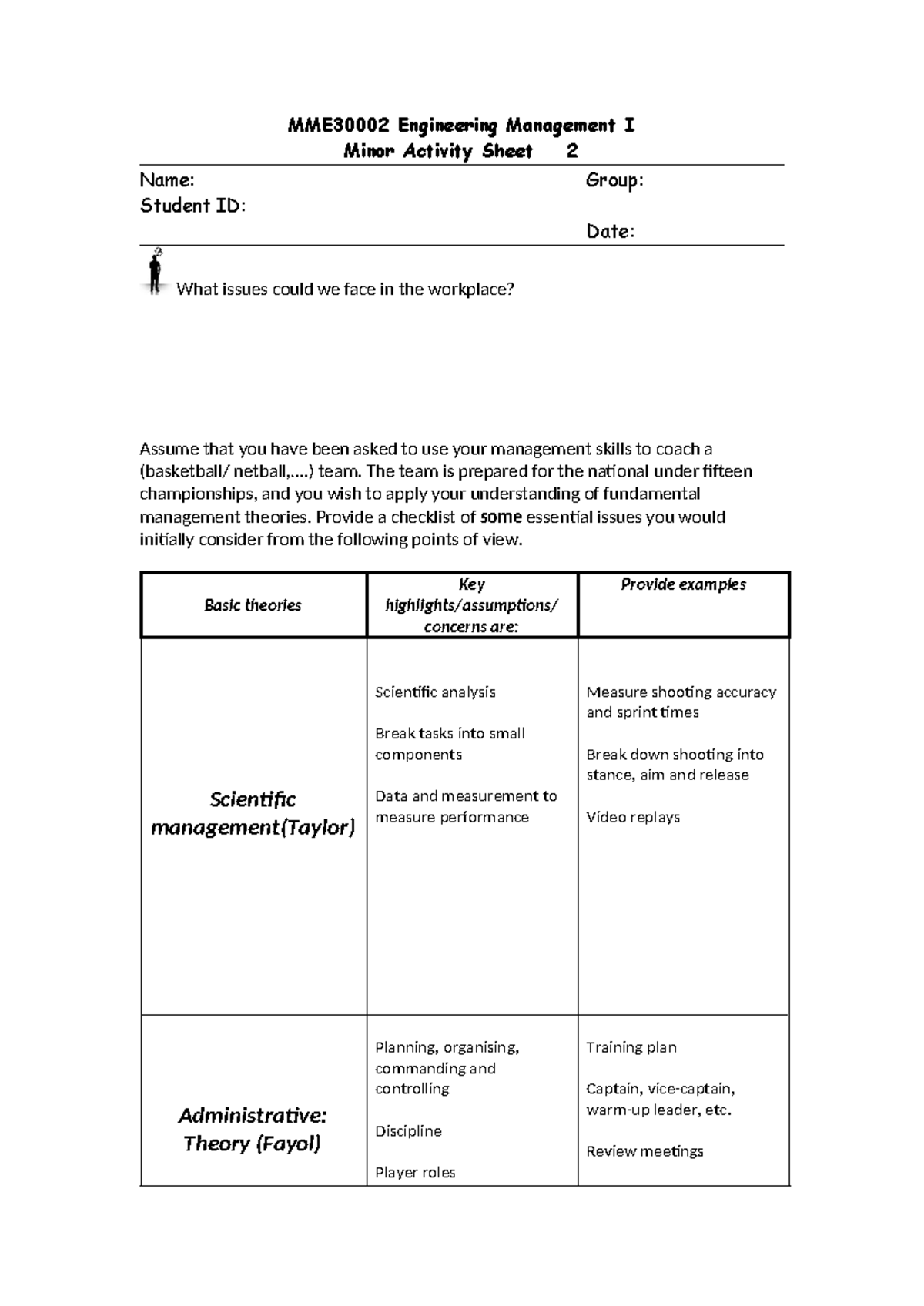 M2 Engineering Management I: Minor Activity Sheet on Team Coaching ...