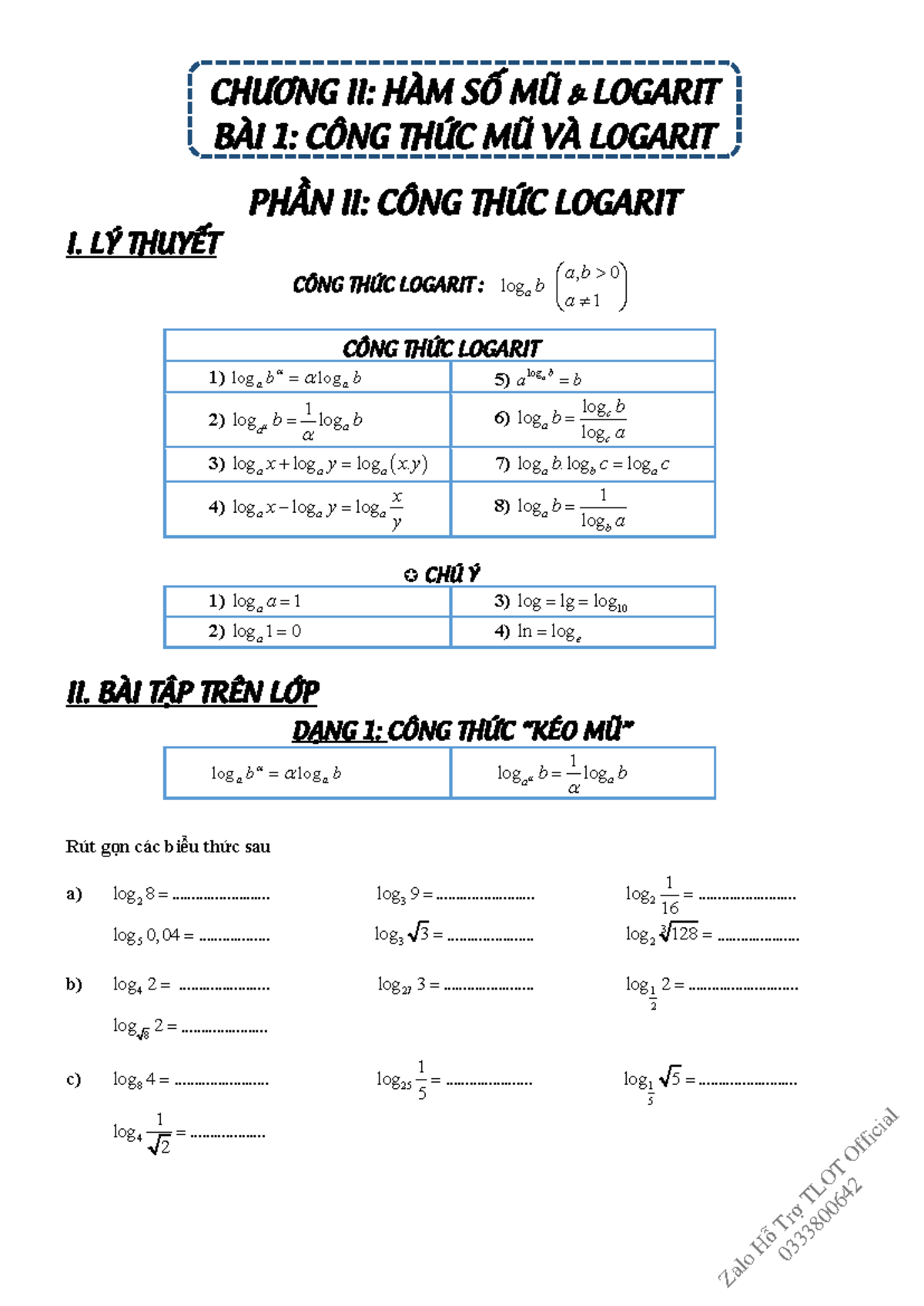 Tài liệu - Công thức và Bài Tập Logarit (Toán học) - Studocu