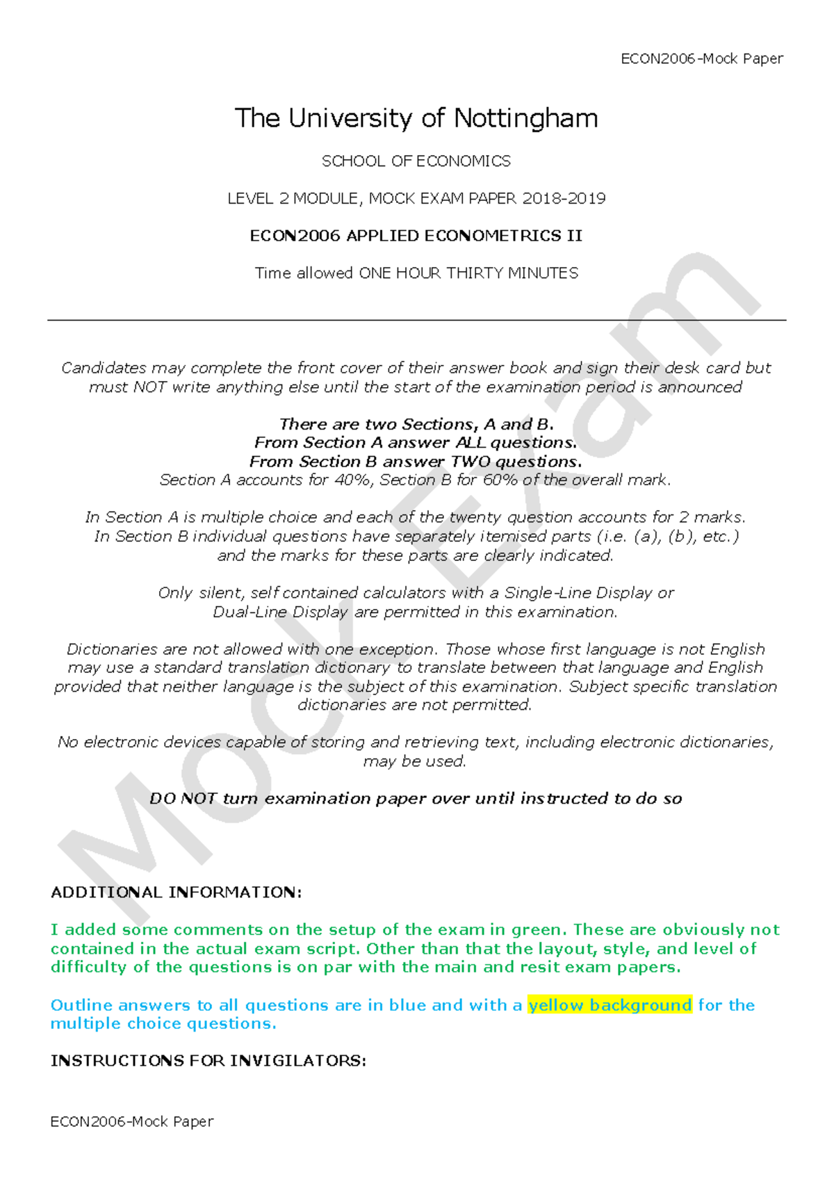 ECON2006 Mock Exam Paper - June 2019: Questions and Insights - Document Preview