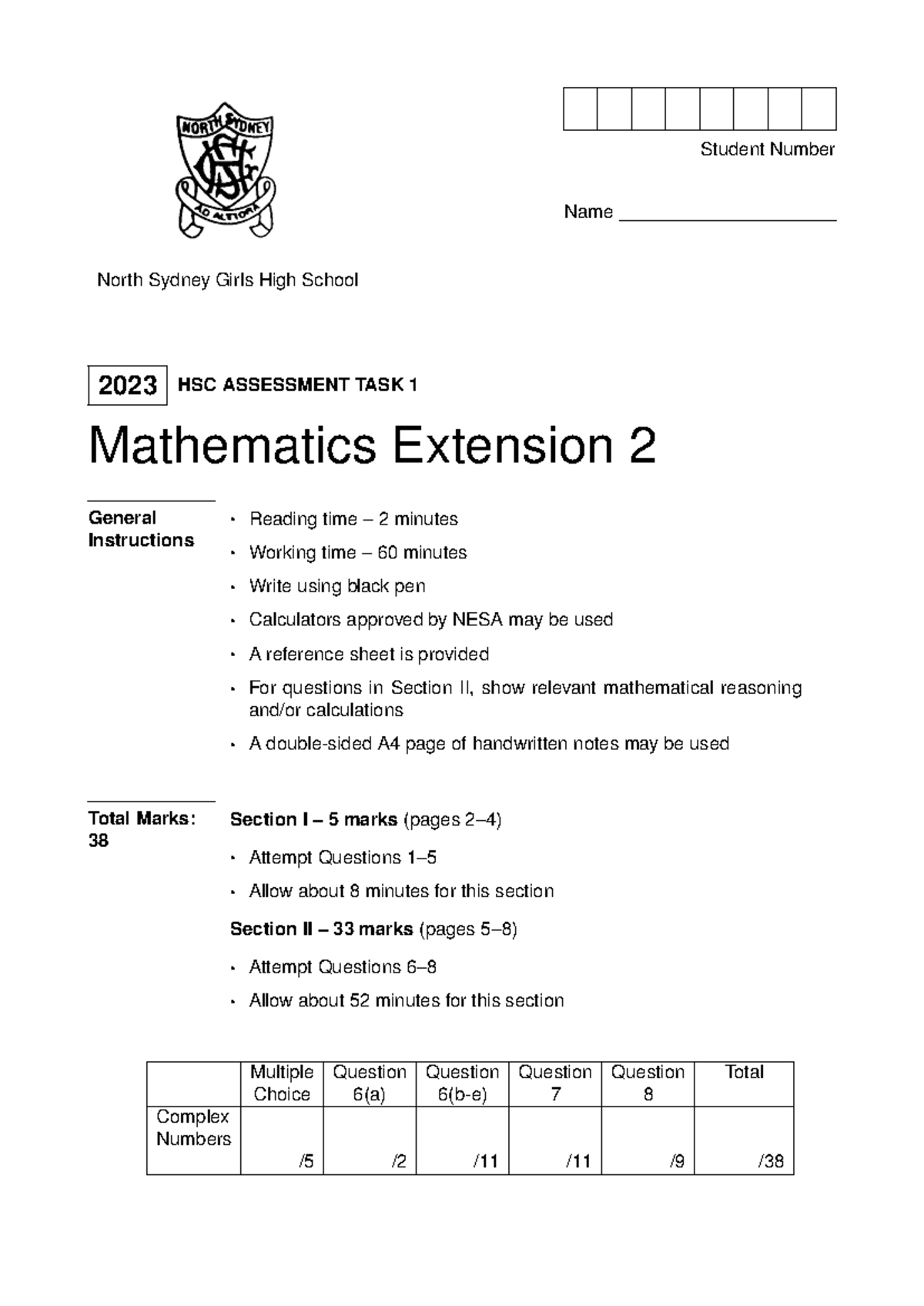 North Sydney Girls 2023 HSC Mathematics Extension 2 CT1 & Solutions ...